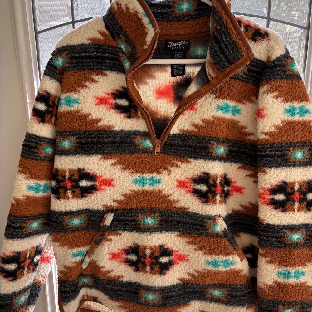 Wrangler Women's Zip Up Southwestern Sweater - Brown, Cream, and Teal